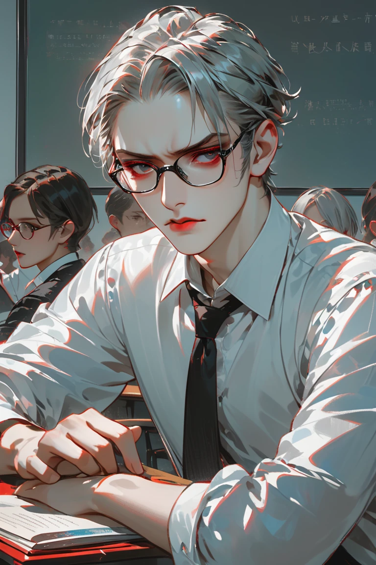 masterpiece, high_quality, distinct_image, 1boy, white skin, red lips, grey eyes, rectangular eyewear, white shirt, grey hair, short hair, sitting, expressionless, best quality, professor, sharp eyes, university, a college lecture room, give a lecture