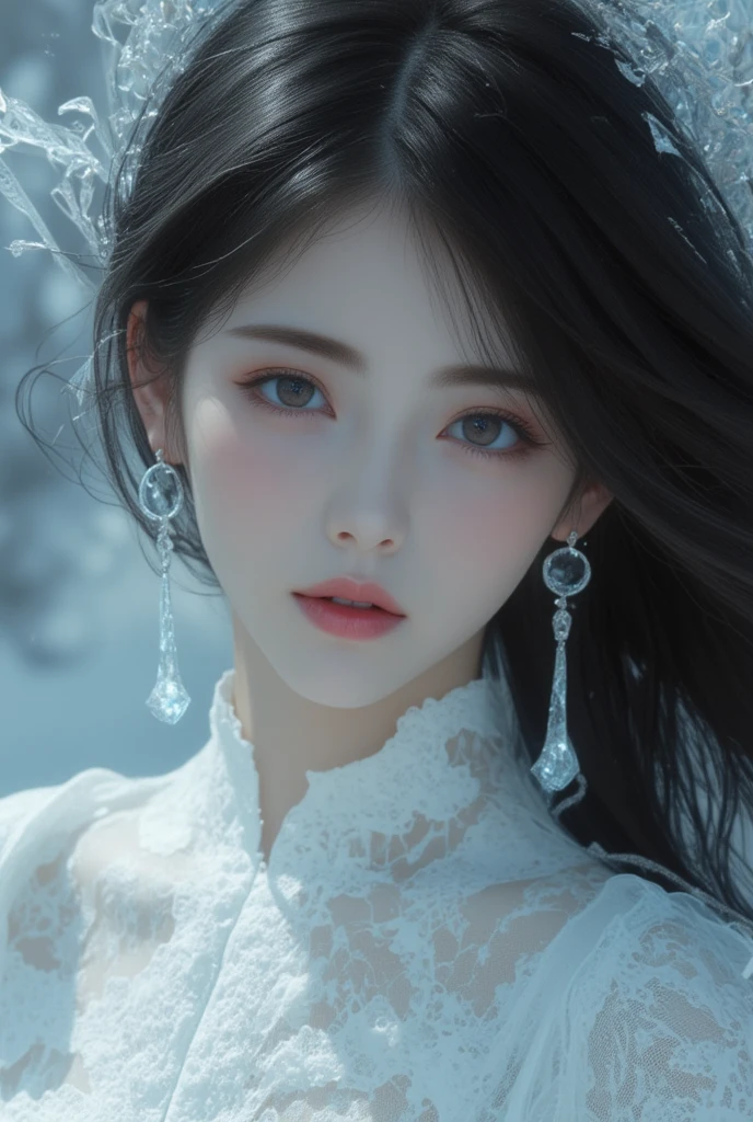 64k,hyper-detailed realistic photo, surreal in the mangles with fantsy and reality, a stunning photo of an etherreal woman, White intricately designed silk, light smile,extrem detailed eyes, lips, faceline, her beautiful black-long hair folowing in the wind, wearing Delicately crafted earrings resembling ice crystals,  queen , luxury,  EXQUISITE DIGITAL ILLUSTRATION , Dark fantasy, Intricate Work of Art