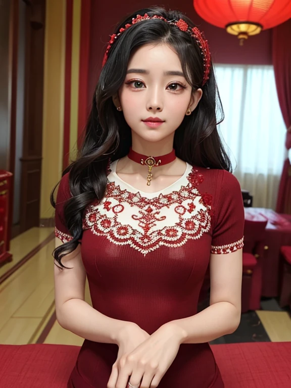 wavy hair wavy hair（（（ has exquisite eyes ））），Hair accessories，Choker necklace ，Woman in a sexy red lace sweater ， The room is filled with Lunar New Year decorations（（ grins ））（（（masterpiece）））， （（ is of the best quality））， （（Intricate details））， （（ super realistic ））（8K）