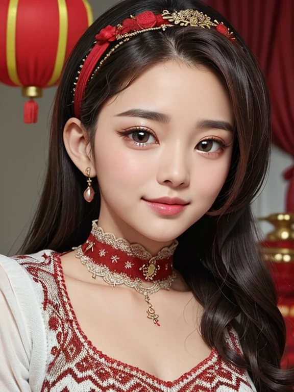 wavy hair wavy hair（（（ has exquisite eyes ））），Hair accessories，Choker necklace ，Woman in a sexy red lace sweater ， The room is filled with Lunar New Year decorations（（ grins ））（（（masterpiece）））， （（ is of the best quality））， （（Intricate details））， （（ super realistic ））（8K）