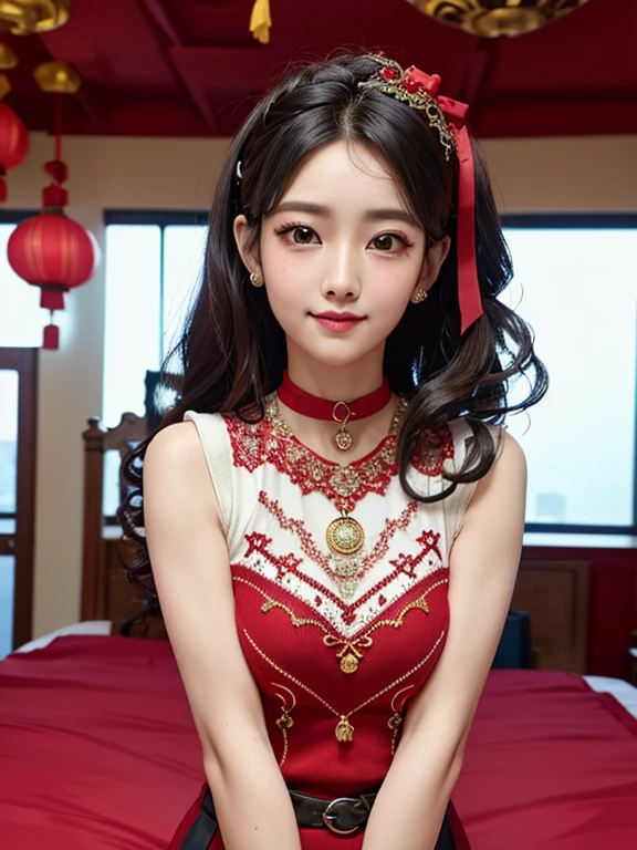 wavy hair wavy hair（（（ has exquisite eyes ））），Hair accessories，Choker necklace ，Woman in a sexy red lace sweater ， The room is filled with Lunar New Year decorations（（ grins ））（（（masterpiece）））， （（ is of the best quality））， （（Intricate details））， （（ super realistic ））（8K）