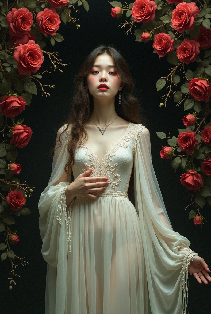 (Oil painting: 1.5),

\\

A woman with long black hair and white flowers in her hair sitting in a red peony flower, rose red dress (Amy Saul: 0.248), (Stanley Ategg Liu: 0.106), (a detailed painting: 0.353), (Gothic art: 0.106)