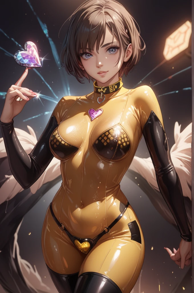 Woman. One person. (thick legs) glossy. Glitter. Full body latex bodysuit. See-through costume. Black and yellow latex bodysuit. Short hair. Heart crystal on collar. Chastity belt. A heart lamp glows on metal pants. Place hands on lower abdomen. Simple dark background.