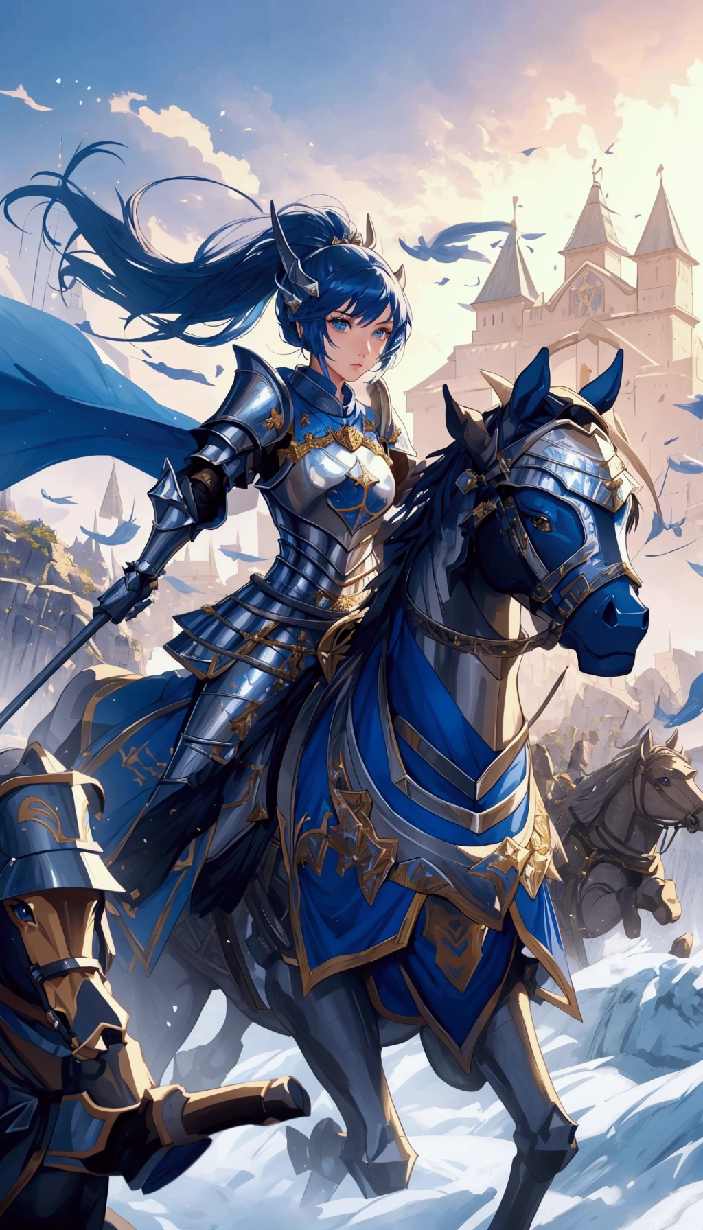 a close up of a person riding a horse near a castle, extremely detailed artgerm, female knight, of a beautiful female knight, artgerm and atey ghailan, 2. 5 d cgi anime fantasy artwork, female paladin, gorgeous female paladin, beautiful female knight, portrait knight female, picture of female paladin, armor girl