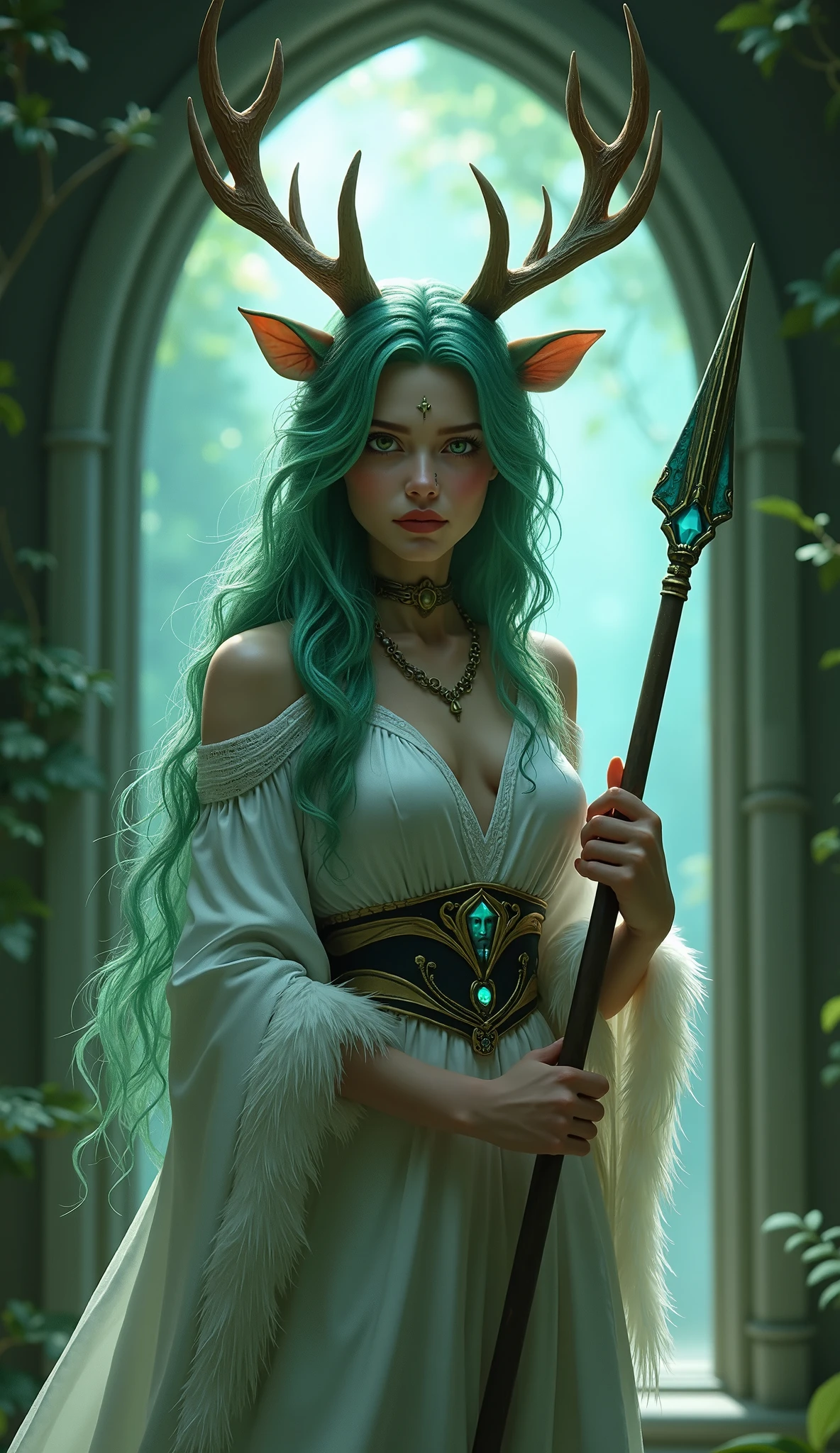 Arafed woman with green hair and horns holding a spear - SeaArt AI