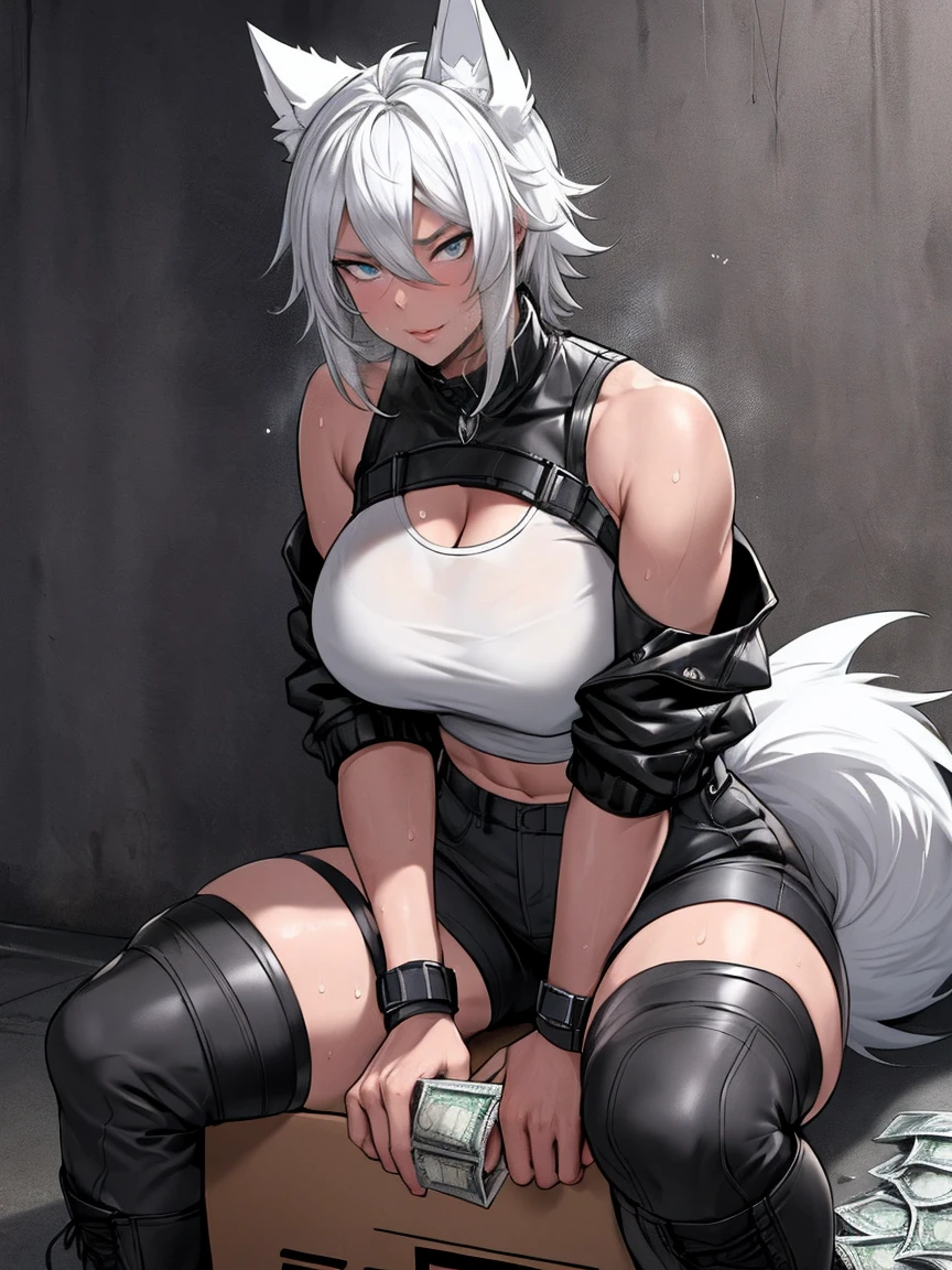 Single girl, Anime tomboy, Short, Long white hair, wolf ears, wolf tail, blue eyes, thigh high fishnets, black combat boots, wearing fur lined open jacket, nude, solo tomboy, only one female ((big breasts)) solo, alone, (SOLO)(ALONE) thicc thighs, wide hips, blue eyes, perfect eyes, perfect face, pouty lips, happy, white shirt, black cutoff shorts, midriff, cleavage, perfect detailed face, ((sweat)), aftersex, alley, modern grey walls, (prostitution), (((holding money in hand))), ((after prostitution)), ((sitting on a box)), ((exhausted)), ((sweating)), heavy breathing, disheveled,