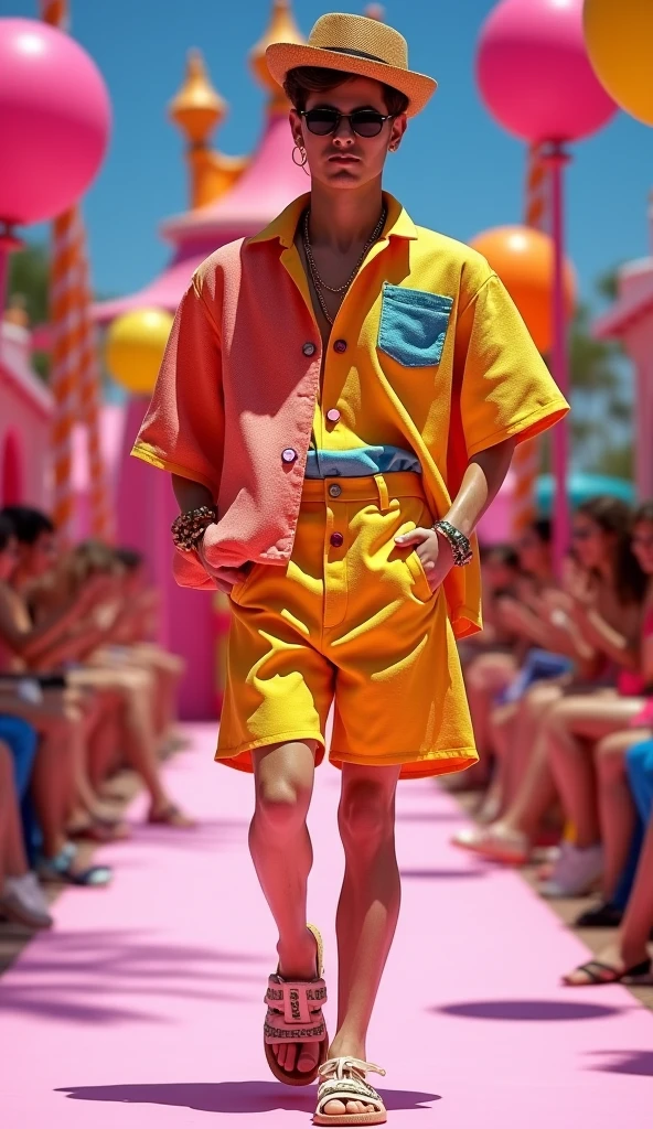Young cute and handsome beautiful face skinny white beautiful skin color soft white shirtless with fluorescent green boxers short black hair on a catwalk of men beach ball in his hand the public applauds him and celebrates with bubble white man tall thin sincerity