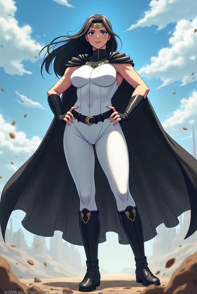 the drawing style that mixes anime and comics, a female nun, pale skin, musclegirl, very strong, fully body, very tall, view from the bottom, gazing at viewer, serious face, Bblack hair, high resolution image, high contrast lighting, bright coloured, moving image, best qualityer