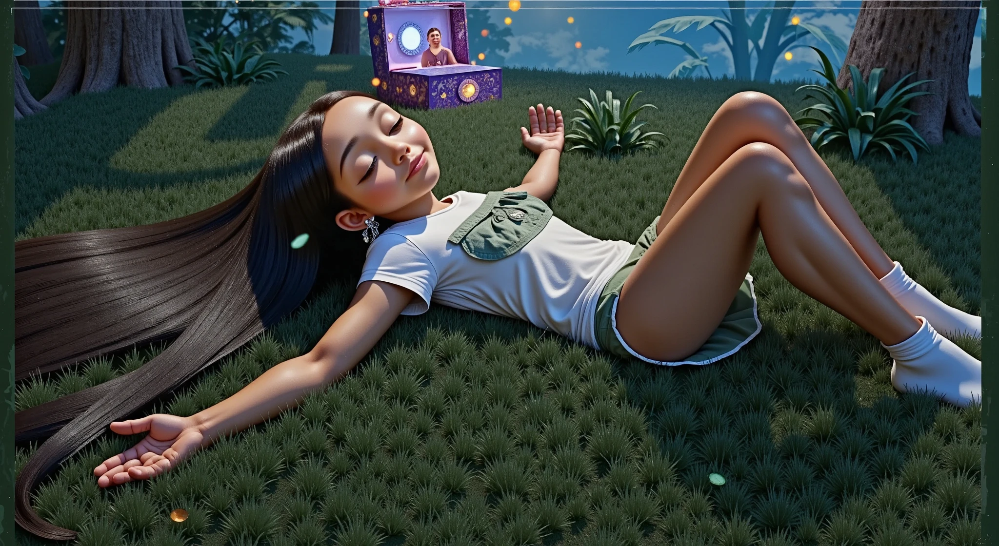 Inspired by the poster of a high quality and high resolution 3D Disney movie, set the image of a girl, ****, , *******, AGE: 12Y, BEAUTIFUL, SENSUAL AND ATTRACTIVE, lying on a grass using her arms as a pillow she has long straight black hair that spreads across the grass she is wearing a white t-shirt, she is wearing very short green safari style shorts she is wearing white socks she is with her eyes closed and sleeping deeply connected with nature, all the elements in the background, including the jaguar and the music box appear SMALLER AND BLURRED, ONLY AS ELEMENTS THAT COMPLEMENT THE SCENE, THE IMPORTANCE OF THE BOX IS THE LIGHT IT EMITS FROM ITS INTERIOR LIGHTING UP THE ENVIRONMENT AND THE NOTES MUSICALS THAT APPEAR ALMOST ETERNAL IN THE SCENE, BUT PRESENT IN THE ENTIRE ENVIRONMENT. In the background we see a jaguar lying down with its eyes closed and sleeping, an image blurred so as not to take attention away from the main character. Behind the jaguar, we have a blue music box with a white background, and I feel a white light that expands in the background of the environment, softly emitting golden musical notes that spread throughout the forest. The environment is a beautiful night of stars and a full moon. Around the girl, there are trees and plants typical of the Amazon. She is beautiful, sensual and attractive.