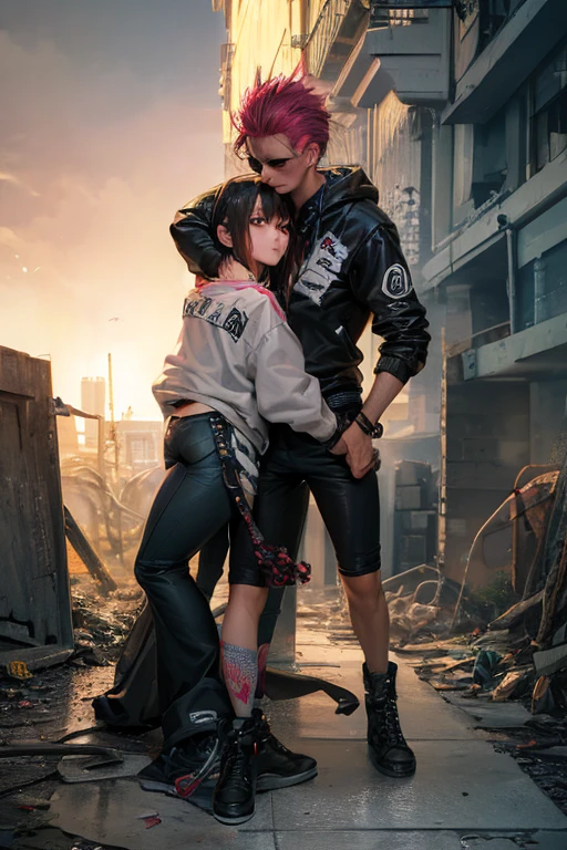 A couple posing for a picture, they are wearing (((punk style))) clothing, apocalyptic setting, Anatomically Correct, Masterpiece, 