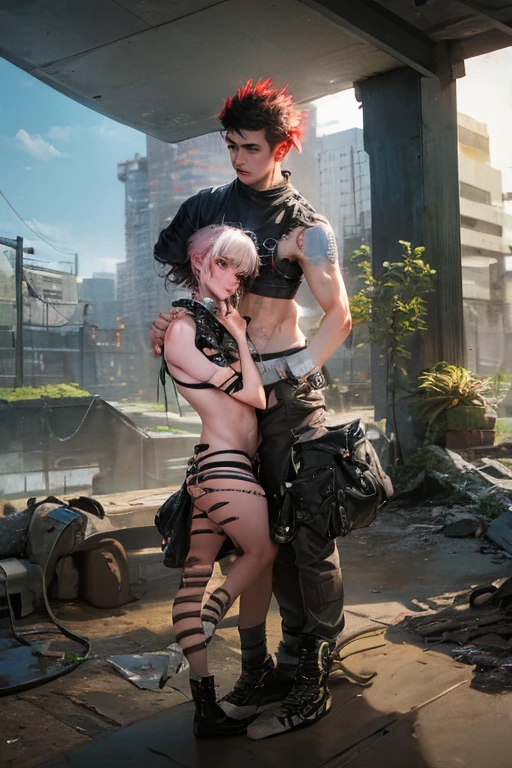 A couple posing for a picture, they are wearing (((punk style))) clothing, apocalyptic setting, Anatomically Correct, Masterpiece, 