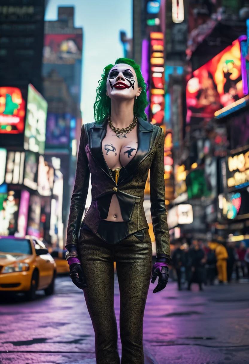 New York, time square, Joker Girl 25 years old, macabre, horror, Sharp mouth teeth, full body shot, tight clothes, technological details, Authentic background, (realism: 1.5), (Realisitc: 1.4), (Absurdity:1.4 ), 8k, ultra-detailed, detailed, (full breasts: 1.3), (One only: 1.4 only), (Viewer facing: 1.3),