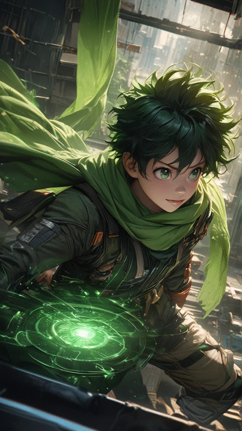 Izuku Midoriya、Izuku Midoriya、 green scarf 、The green energy is around the body、The background is the city、16k、 super high definition 、 super resolution、Super detailed、Realistic、 real、Cinematic Light、