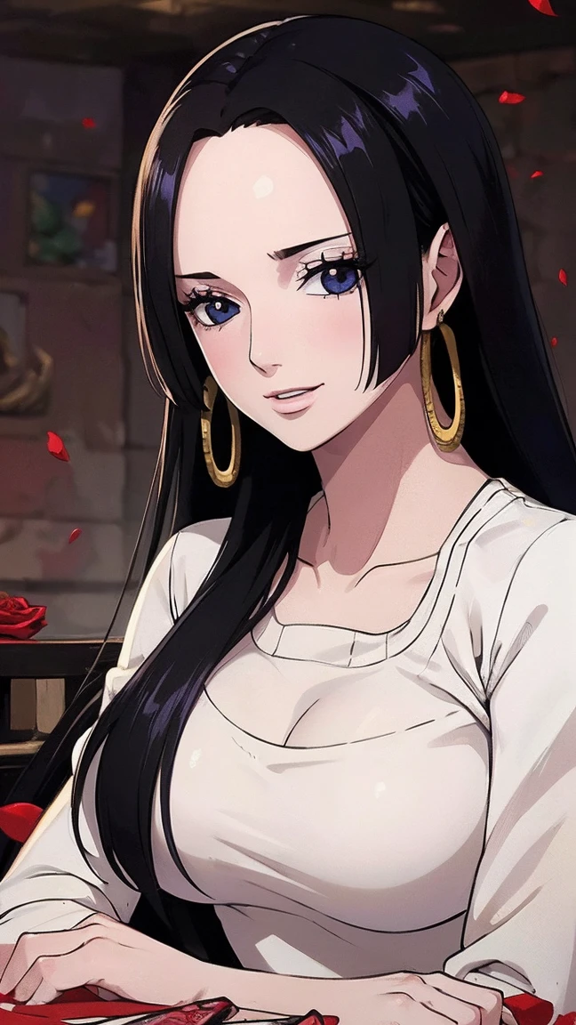 best quality, masterpiece, highly detailed,1girl, ((rose)), (vine), cage, bandage, red rope, (detail light), falling rose petals, Boa Hancock, (masterpiece:1.5), Detailed Photo, Smiling, Sexy, (8K, Photorealistic, Best Quality: 1.4), (1girl), Beautiful Face, (anime realistic Face), (Black Hair, long Hair: 1.3), Beautiful Hairstyle, Realistic eyes, beautiful detail eyes, (realistic skin), beautiful skin, (sweater), absurd, attractive, ultra high resolution, ultra realistic, high definition, golden ratio, (sexually aroused:1.5), whimm