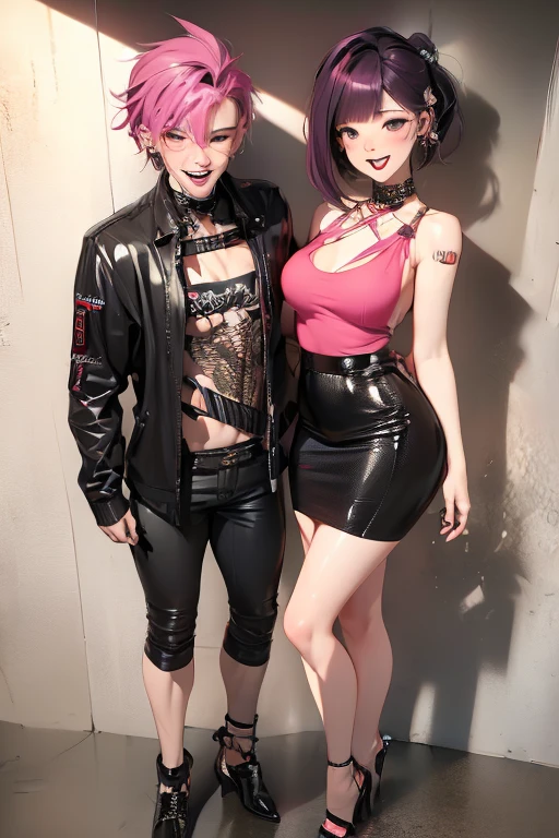 A couple posing for a picture, they are wearing (((punk style))) clothing, apocalyptic setting, Anatomically Correct, Masterpiece, Blush, Smile, Open Mouth, Closed Mouth, 