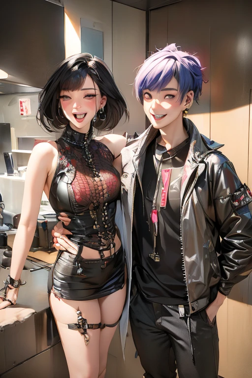 A couple posing for a picture, they are wearing (((punk style))) clothing, apocalyptic setting, Anatomically Correct, Masterpiece, Blush, Smile, Open Mouth, Closed Mouth, 