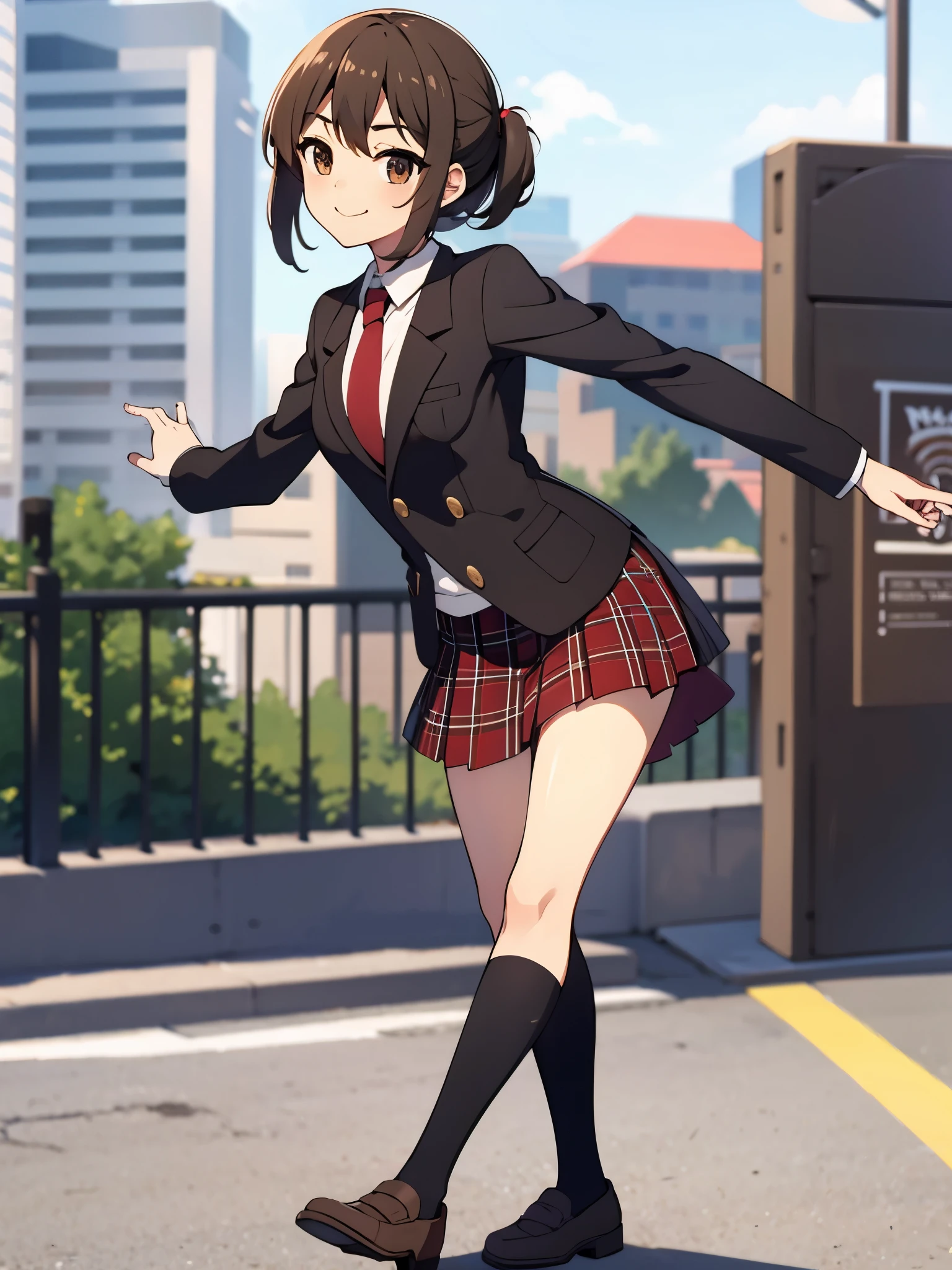 outdoor, in playground, kick up, attack viewer, break anime style, ultra high res, break white socks1:4, break evil smile, Best quality, adult body, UHD, break looking sky, black blazer, break looking back , red tie, red plaid pattern skirt, brown loafer, sharpen, 32k, masterpiece, intense gaze,