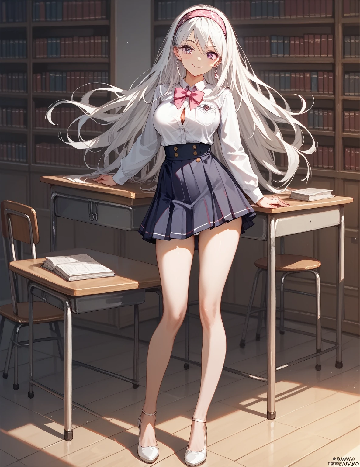 looking at the spectator, Alone,  masterpiece,  correct anatomy , necessary,  Best quality , (nsfw), A beautiful young woman (full body , atractivo y seductor, big breasts,  slim waist,  big ass, long white hair, loose hair, wearing a headband  , violet eyes, daring smile ),  Wearing with a high school student uniform with white t-shirt with a pink bow and black buttons with the school logo on the left shoulder and short brown table skirt with yellow squares ((lifts her skirt mischievously showing white underwear)), Inside an elegant school library