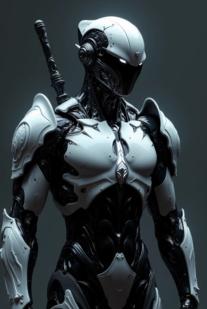 A cyborg dressed in black and white armor with a metallic texture. One of his arms is a sword with a liquid look.The entire body of its mechanical exoskeleton appears very delicate, with a sense of advanced technology. High contrast, sharp details, and cool tones create stunning visual effects.--ar 2:3--v6.1