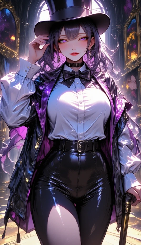  1 mature beautiful woman ,( best quality, very detailed depiction, incredibly absurd high definition,Curvaceous Body),(A bewitching woman is dressed as a magician:1.3),( magician costume , tuxedo, white shirt,Bow tie,Top Hat:1.3, leotard,latex, black tights, boots),(Glowing purple eyes, half-closed eyes:1.3,Crazy Eyes, bewitching smile,Glossy lips,Flashy makeup, eyeshadow, big chest,Beautiful legs, shiny skin,Seductive gestures,Walking stick), full body image:2.0,Inside a dark museum