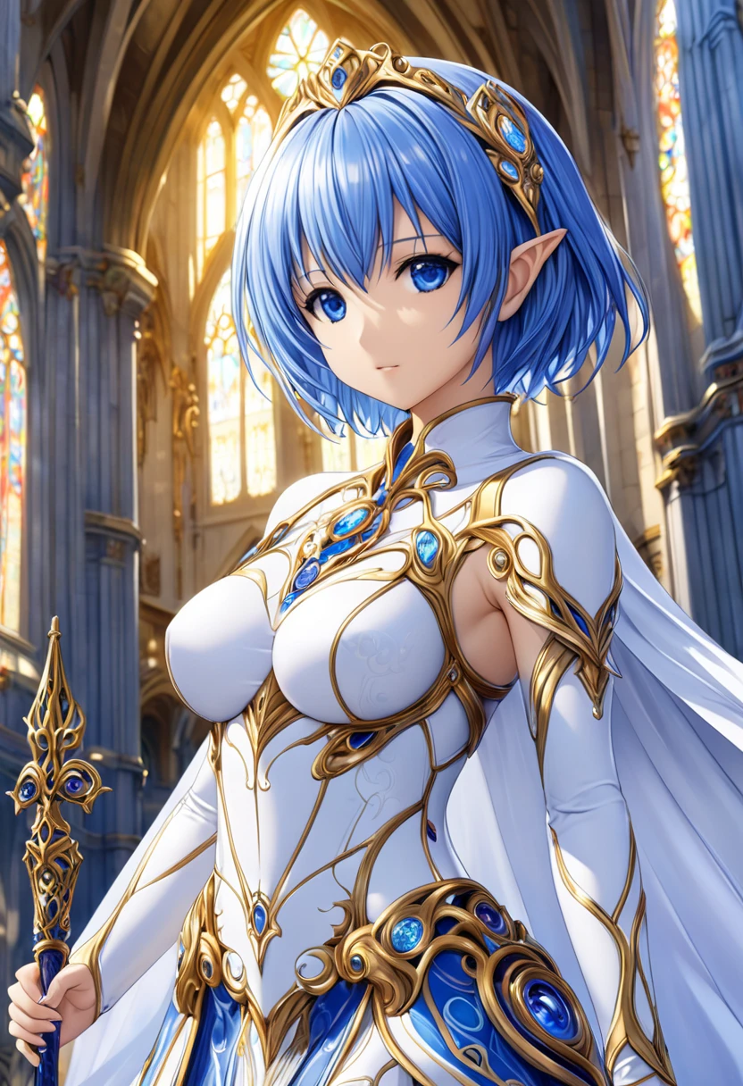 (( best quality)),( ultra high resolution),(Super detailed新しい),( detailed description ),(( best CG )),( Best Artwork ),Ultra-detailed art,Wonderful New Art,( surreal)、 girl、Elf、( blue hair )、((( shorthair )))、( blue eyes）、 in a skirt {x} very detailed face、（ perfect eyes）、Perfect hands、Perfect Proportions、Elfの girl性司祭1人, Wearing a white veil, Wearing a white high leg bodysuit,  he wears thin, light armor、He has a long sacred staff、Old Cathedral 、With the church in the background、 HEALTHY SKIN、Highly detailed lighting、