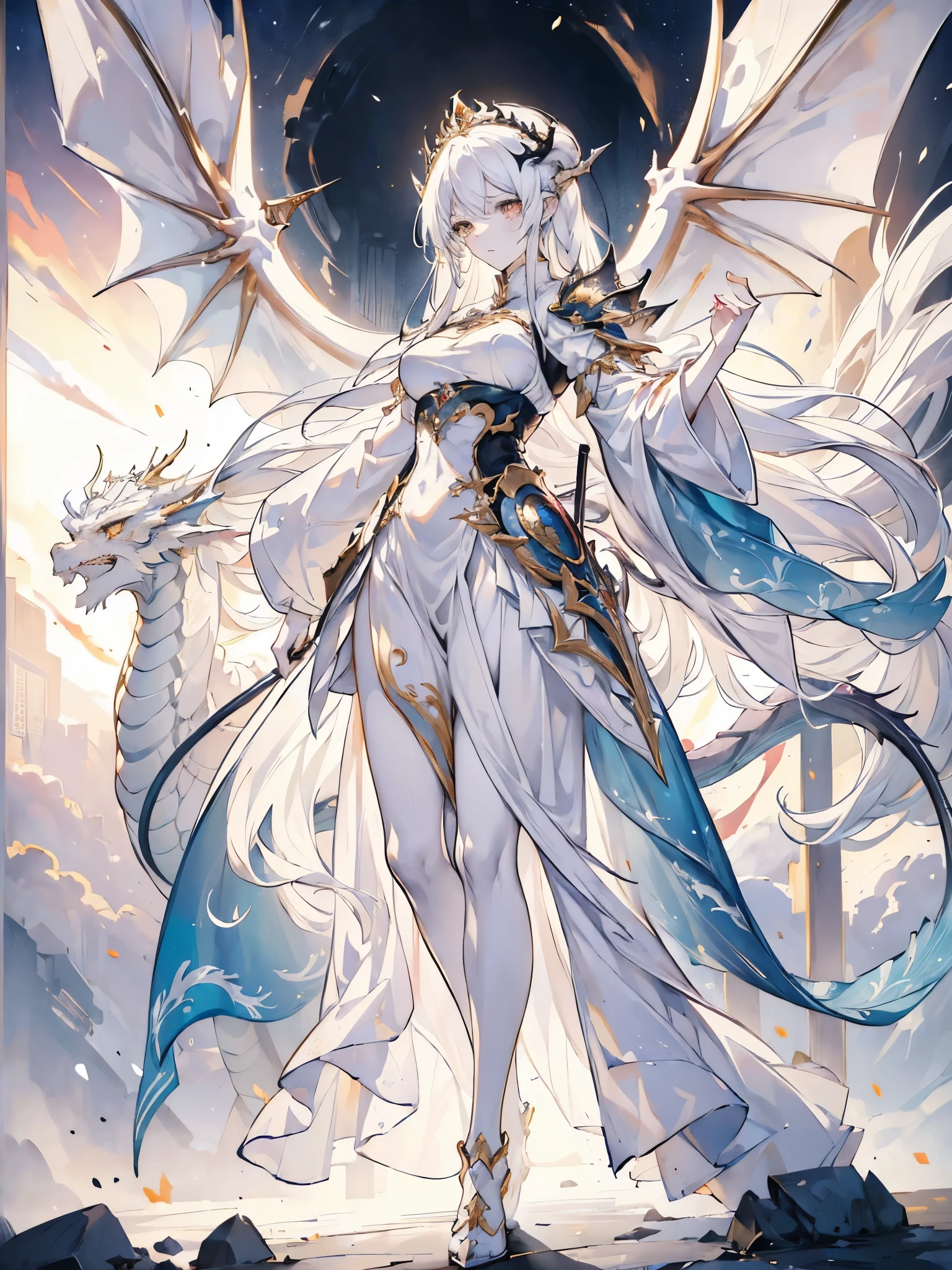 (((masterpiece, best quality, 8k)))Design a layout showcase Fantasy character, (1girl), ((mounted on a dragon)). Beautiful armor, wielding a spear, long white hair, wearing a tiara. ((detailed dragon:1.4)), white dragon, full of intricate details. (masterpiece:1.3), (best quality), 4k, ultra-detailed. (Dynamic pose, heroic stance:1.5), (dramatic lighting, atmospheric lighting). warrior, ((tiara:1.2)), (((long white hair:1.4))), spear, (((full_body_shot:1.5))). In a mystical landscape, high in the sky, with clouds and sunlight.