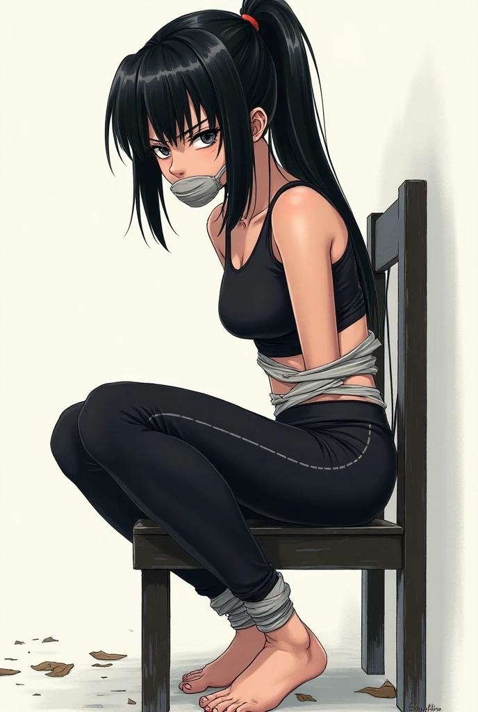 ((1 girl)), ((twin tails)), ((simple_background)), ((concrete floor, concrete wall)), ((dark empty room)), ((bondage)), ((arms behind back)), ((scowl)), ((sitting on the knees)), ((mouth close)), ((mouth gagged)), ((tape gag)), ((Rope bondage)), ((The rope is wrapped around the body multiple times.)), (restrained tightly), ((helpless)), ((calm)), (tank top armor, tights pants, long black pants, sports shoes)