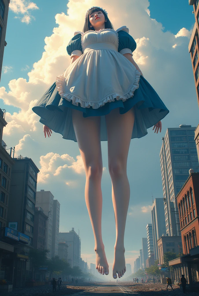 giantess art, highly detailed giantess shots, giantess, Two legs, Five fingers, short hair, A beautiful girl who is bigger than any skyscraper, Wearing rimless glasses, Big Breasts, Big Butt, Maid clothes, Black Pantyhose, black pantyhose, no shoes on, toes visible through pantyhose,  Steam coming out from the soles of the feet, A very small big city, Miniature metropolis, Full body description, GTS, giga giantess, stomping city, crash city, tiny city, micro city, pantyhose feet, High resolution, highest quality, masterpiece, Maid, maid, 