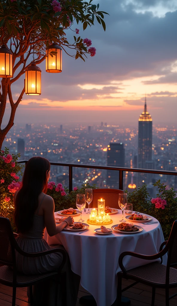 The woman sits at the table，You can see the city at night, chill time. good view, sitting on the beach at night, cinematic full shot, looking at the city, paradise in the background, shot with sony alpha 1 camera, in a beachfront environment, during night, during night, overlooking a modern city, medium shot taken from behind