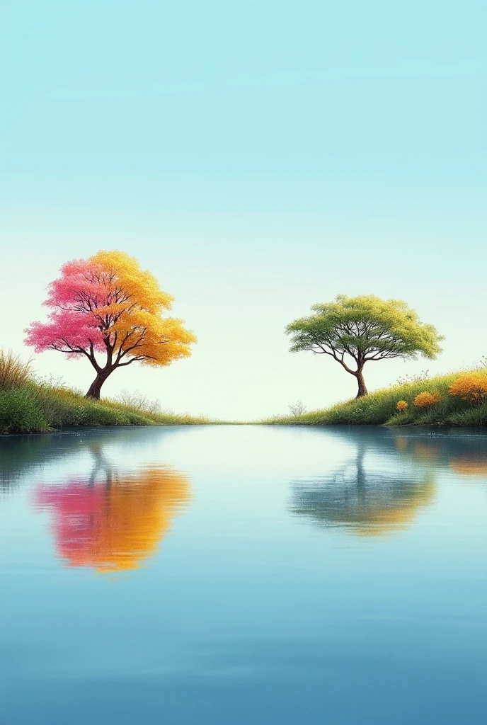 A Yellow and pink and green Ginkgo trees , with a clear blue sky and lake reflection, in a minimalist style. The composition features a large area of blank space, with a simple layout captured using a wide-angle lens. The delicate texture and cool tones create a static, tranquil atmosphere