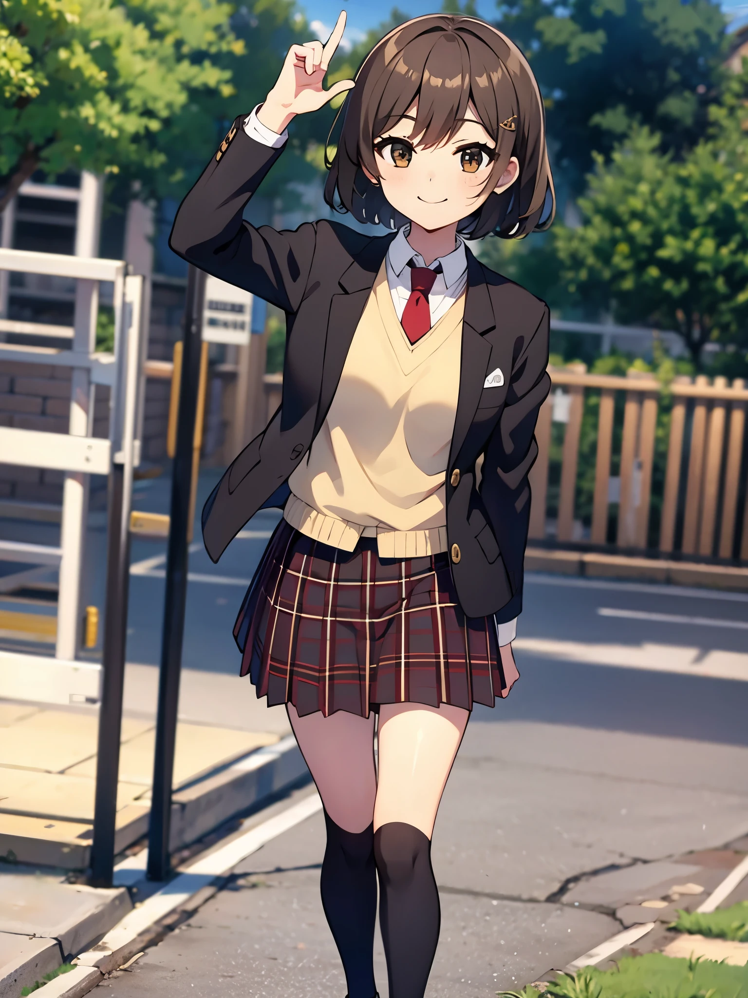 outdoor, in playground, kick up, break anime style, ultra high res, break white socks1:4, break evil smile, looking sky, Best quality, adult body, UHD, break looking sky, black blazer, red tie, red plaid pattern skirt, brown loafer, sharpen, 32k, masterpiece, intense gaze,