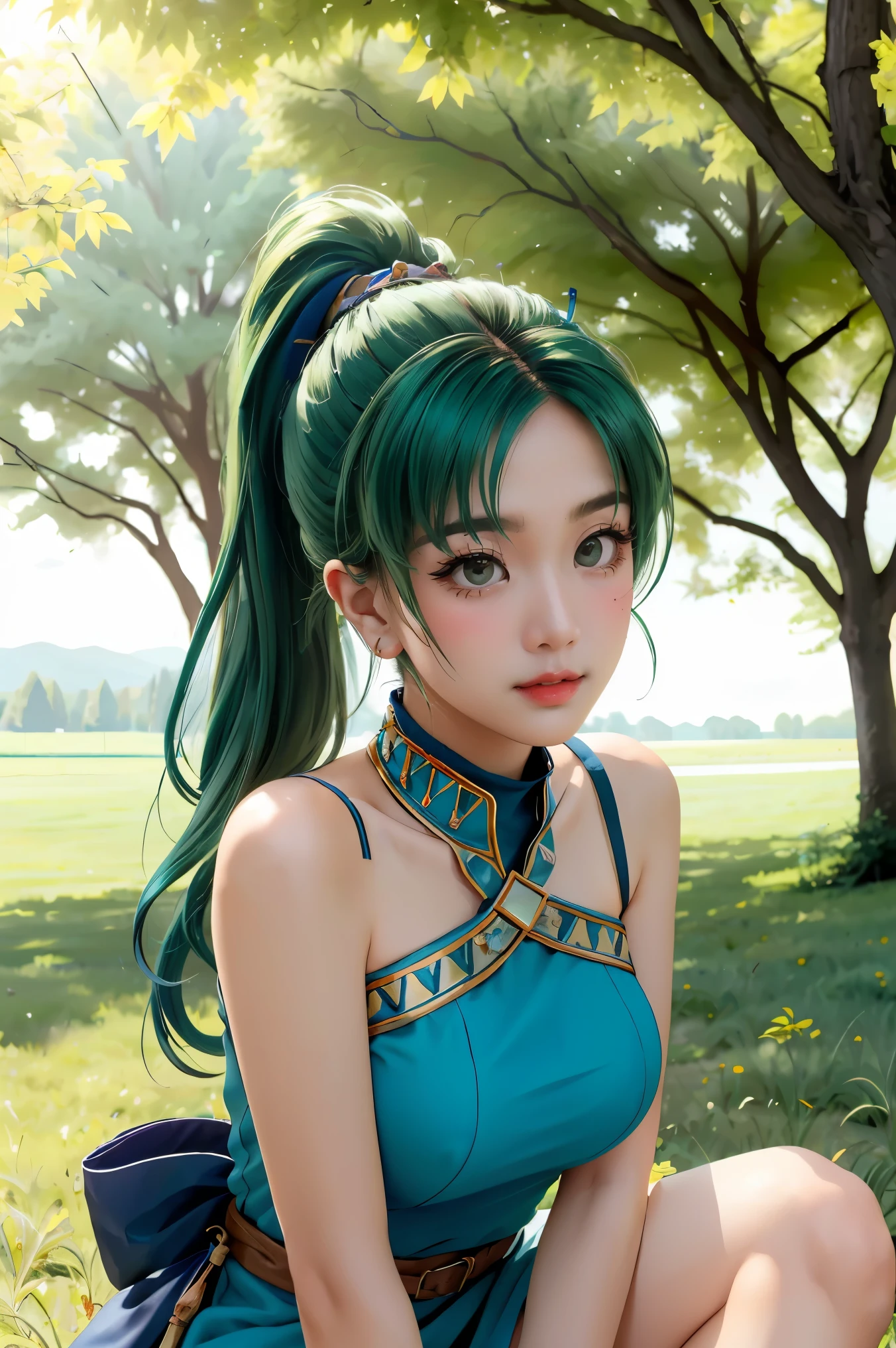 (masterpiece, best quality), intricate details,
1girl, lyn_(fire_emblem), 1girl, solo, ((green hair)), long hair, green eyes, high ponytail, blue dress, large breast, jewelry, fingerless gloves. hair ornament, lyn_(fire_emblem),
I am seated confidently with my arms around my knees in a sunny meadow, enjoying a picnic. Under the shade of a tree, I savor a delicious lunch from plates, fully embracing the moment's happiness.