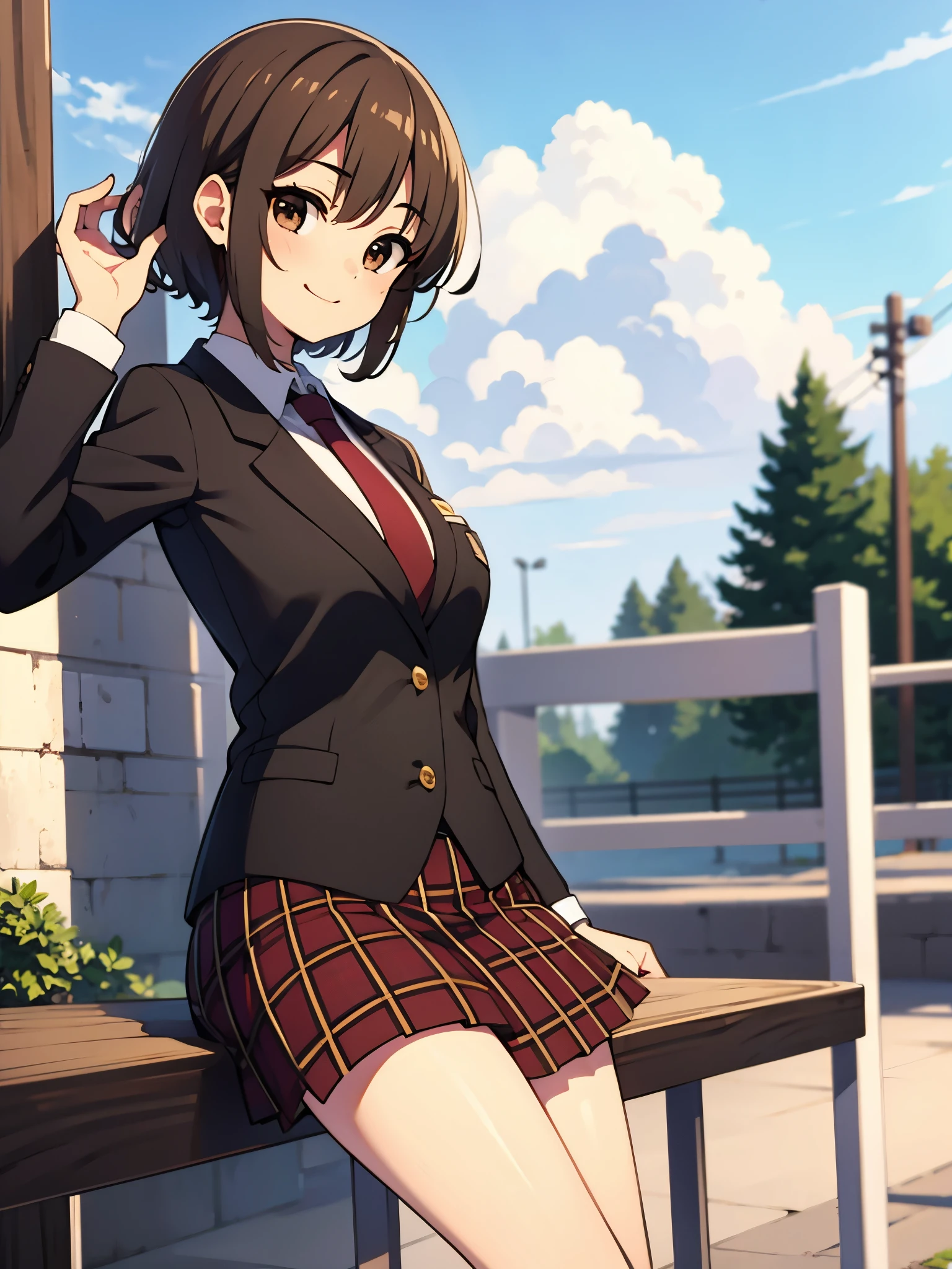 outdoor, in playground, kick ball, break anime style, ultra high res, break white socks1:4, break evil smile, Best quality, adult body, UHD, break looking sky, black blazer, red tie, red plaid pattern skirt, brown loafer, sharpen, 32k, masterpiece, intense gaze,