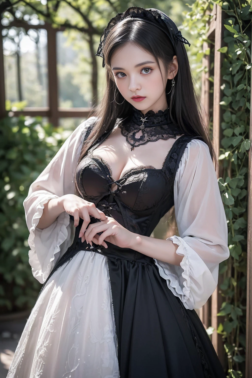 ((ultra high resolution)), (An improvement of the most absurd quality:1.2), ((photorealistic Realism 16K Quality)), (ultra-fine digital art), ((realistic proportional body)), ((anatomically correct:1.4)), ((elegant style of clothing, long lace dress:1.33)), ((latex bodysuit laced), Intricate detailed:1.2), ((multi-layer bodysuit lace:1.3), Intricate details:1.25), (black latex), (white lace:1.3) )), (Best Illustration), (Half Body Portrait), (Insanely details brown_eyes1.3), ((realistic sharp real human eyes)), perfect round eyes, (finely detailed pupils:1.2), Cinematic Light, detailed facial features,Sharp focus, Smooth, beautiful, best photo, (best shadows), isometric 3D, octane rendering, ray tracing, (, (((Full-body photo:1.3)))
