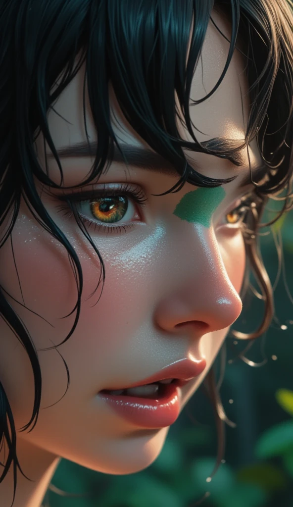 Close-up:
woman, white pele,  honey-colored and green eyes, full lips,  blurry gothic makeup , is crying,  wet effect .
32K , HDR, UHD, intricate detail, extremely intricate detail, hyperrealistic, extremely realistic, high quality, vivid color, extremely detailed.