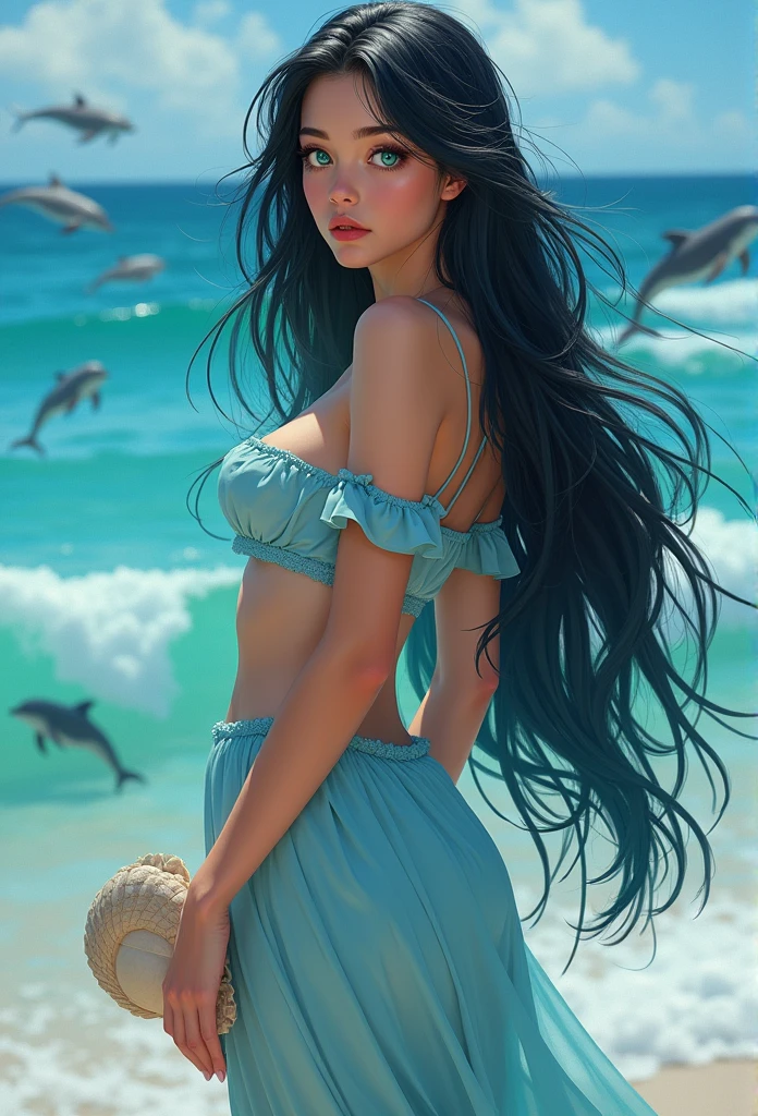 A nude girls, , dark eyes, pink lips, simple, full body, beach, long hair, black hair, realistic girl
