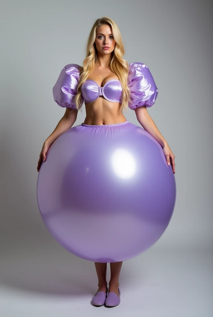 Alice, solo, fullbody, blonde long hair, blue eyes, wearing humongous inflatable satin balloon pants with her belly button exposed & a bra top with enormous, short, round puffy sleeves. The balloon pants are lilac and very puffy and very round and very spherical, high quality.
