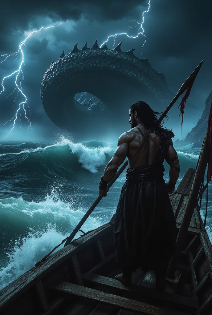 Alone, determined spearman stands aboard a weathered wooden boat, gripping his spear tightly as a colossal sea serpent emerges from the raging ocean. The serpent’s massive body coils around the vessel, its scales glistening in the storm’s lightning flashes. The spearman’s wet clothing clings to his body, and his face is set with fierce determination as the storm howls around him. Waves crash violently, sending spray into the air, while the dark sky is illuminated by bolts of lightning, casting dramatic shadows on the scene. Ultra-realistic, cinematic quality, high detail, 4K resolution --ar 9:16. --v 6.1