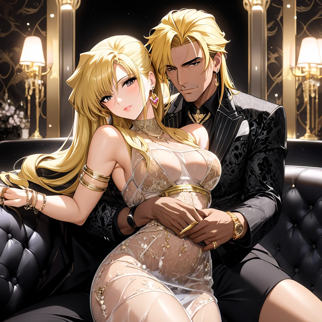 The woman who is the wife of the mafia boss is hugged by a black mafia man as the wife of a strong black mafia boss man wearing a beautiful blonde Fate Testarossa, a luxurious see-through bodycon dress with vulgar, flashy, shiny gold, jewelled earrings, bangles, rings, necklaces, waist chains, etc., and is happily snuggling up together on a luxurious sofa、(( best quality)), ((masterpiece)), ( Details), （ perfect face）,The woman who became a Mafia boss's wife in both body and mind is a blond Fate Testarossa with excellent proportions 