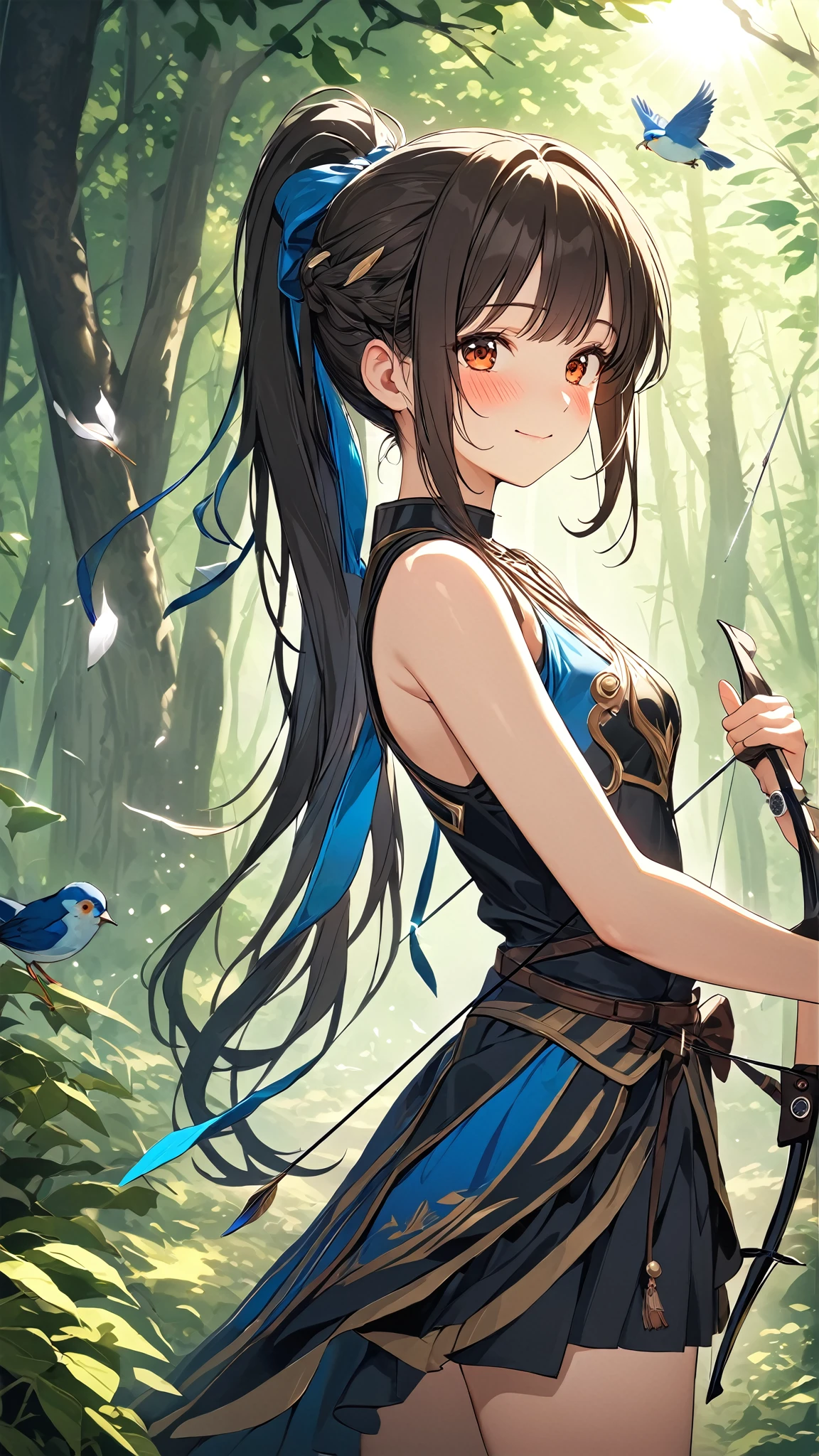 masterpiece, high quality, Girl, in battle stance (action pose), facing her back, sword with glowing blue blade and white handle (girl is holding it for the handle), really long brown hair, big blue eyes, blue ornaments in her hair, skinny, blue long kimono with long sleeves, big butt, white lace thigh-high stockings, cinematic light, trees, waterfall, flowers, blue sky, white clouds, 2 hands