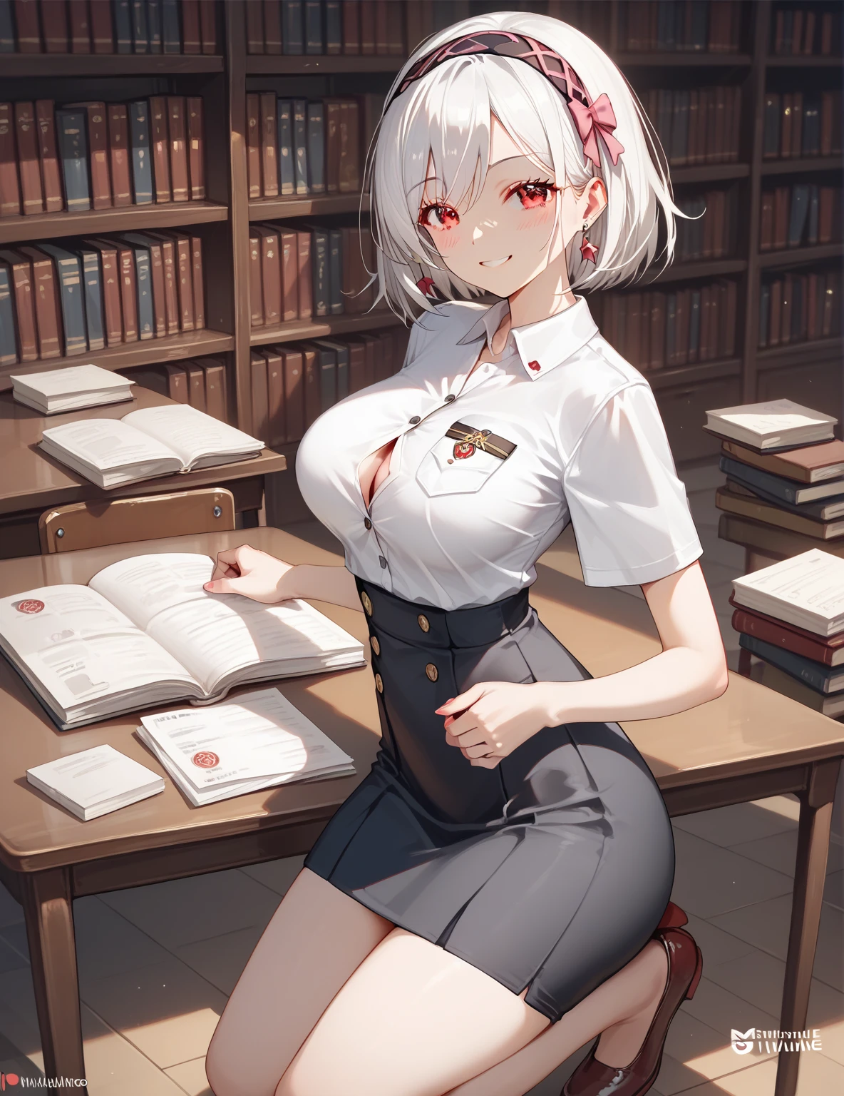 looking at the spectator, masterpiece, correct anatomy, necessary,  Best quality , (nsfw), A beautiful young woman (full body, big breasts,  slim waist,  big ass, short white hair, wearing a headband, red eyes, daring smile ), Vistiendo a high school student uniform (white t-shirt with a pink bow and black buttons with the school logo on the left shoulder and short brown table skirt with yellow squares) inside an elegant school library,