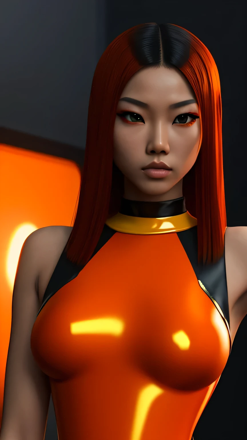 80’s glam rock styling, shiny skin, asian teen, anime, 2.5D, moody lighting, (Red, Yellow, and Orange), red latex, abstract ai model, pretty, sexy, minimal, sleek, slender, asian, elegant, chic, futuristic, retro, huge breasts, cleavage, arms behind back, 
