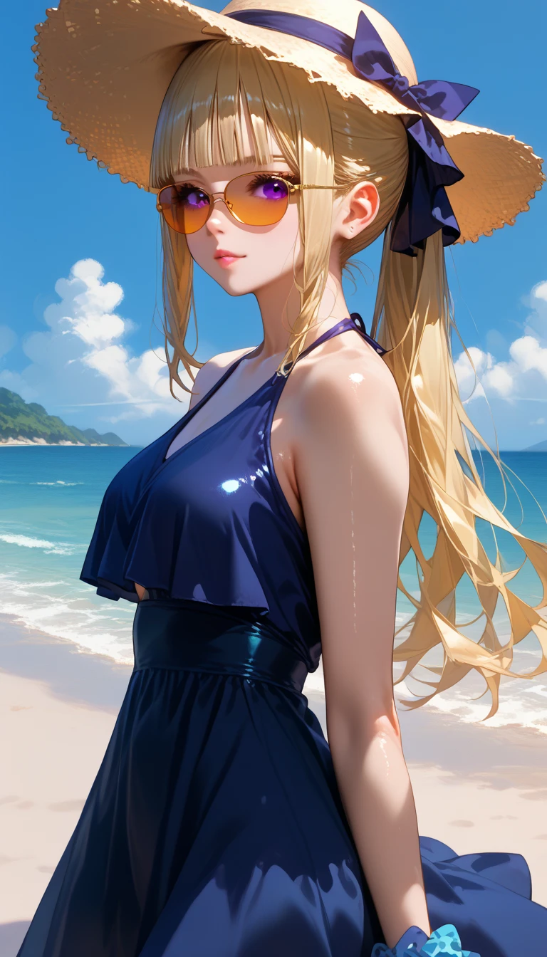 Rococo style, (movie poster:1.2), soft lighting, (elevation angle:1.25), (alone:1.4), (1 girl), ((blonde hair), long curly hair), blue eyes, (smile), beach straw hat, (off shoulder shirt), hat flower, (looking to the side:1.3), Fantastic and colorful, Ocean, Palm tree, blue sky with clouds, (beach:1.3), (masterpiece:1.2), super detailed, (highest quality), figure, (Depth of bounds written)