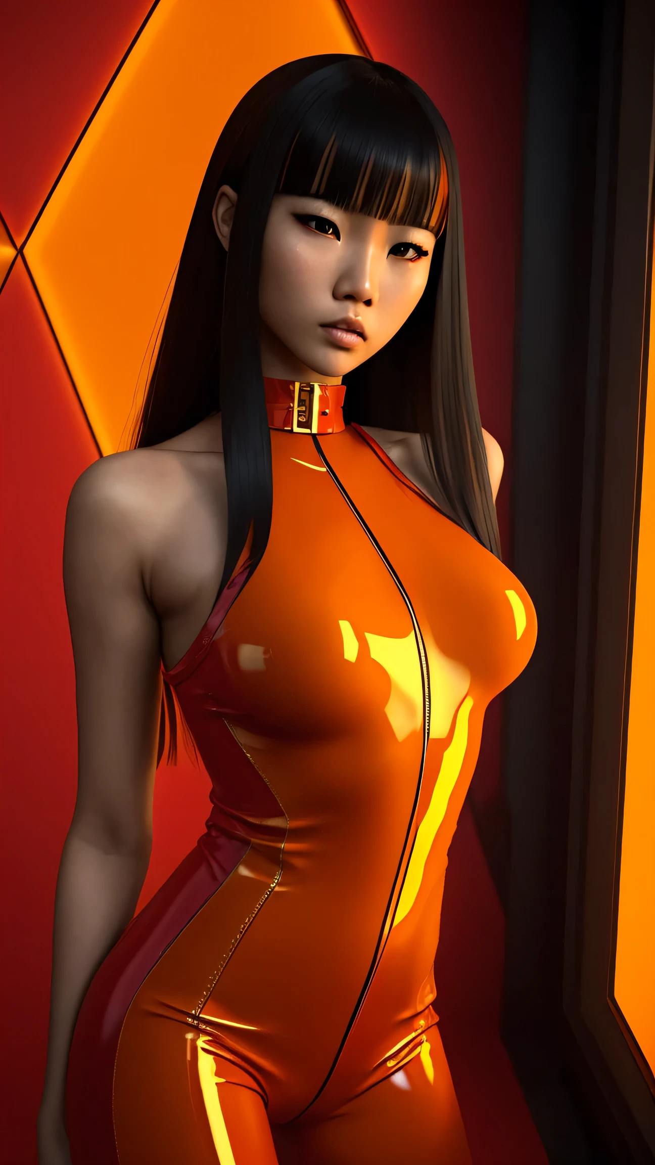 80’s glam rock styling, shiny skin, asian teen, anime, 2.5D, moody lighting, (Red, Yellow, and Orange), red latex, abstract ai model, pretty, sexy, minimal, sleek, slender, asian, elegant, chic, futuristic, retro, huge breasts, cleavage, arms behind back, 
