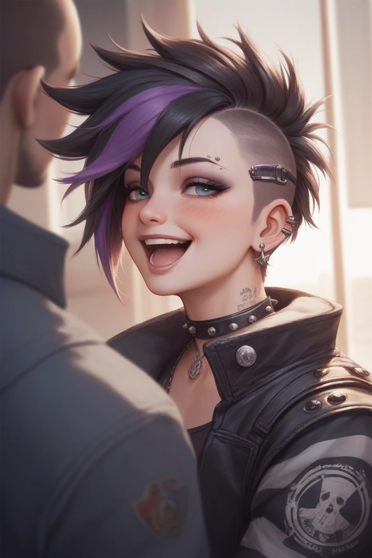 A couple posing for a picture, they are wearing (((punk style))) clothing, apocalyptic setting, Anatomically Correct, Masterpiece, Blush, Smile, Open Mouth, Closed Mouth, 