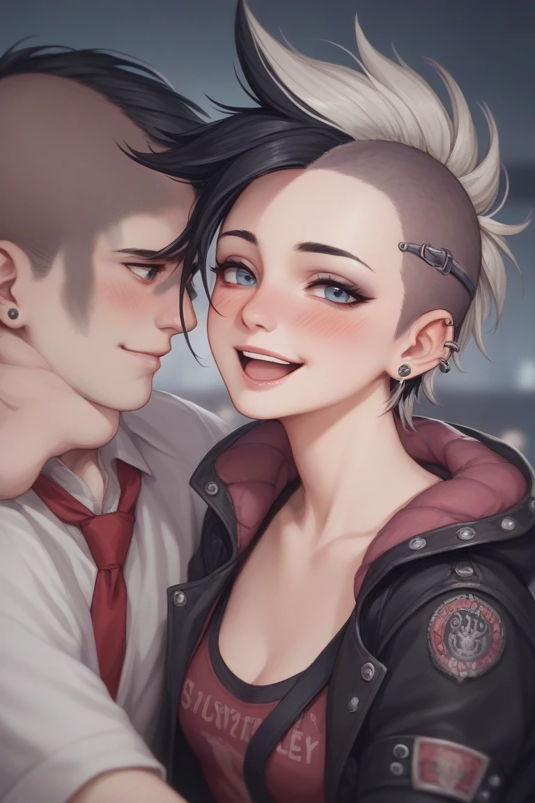 A couple posing for a picture, they are wearing (((punk style))) clothing, apocalyptic setting, Anatomically Correct, Masterpiece, Blush, Smile, Open Mouth, Closed Mouth, 