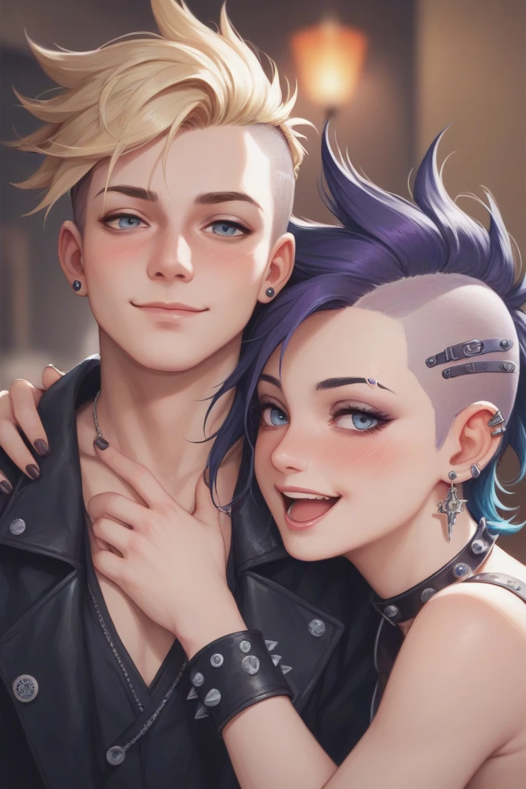 A couple posing for a picture, they are wearing (((punk style))) clothing, apocalyptic setting, Anatomically Correct, Masterpiece, Blush, Smile, Open Mouth, Closed Mouth, 