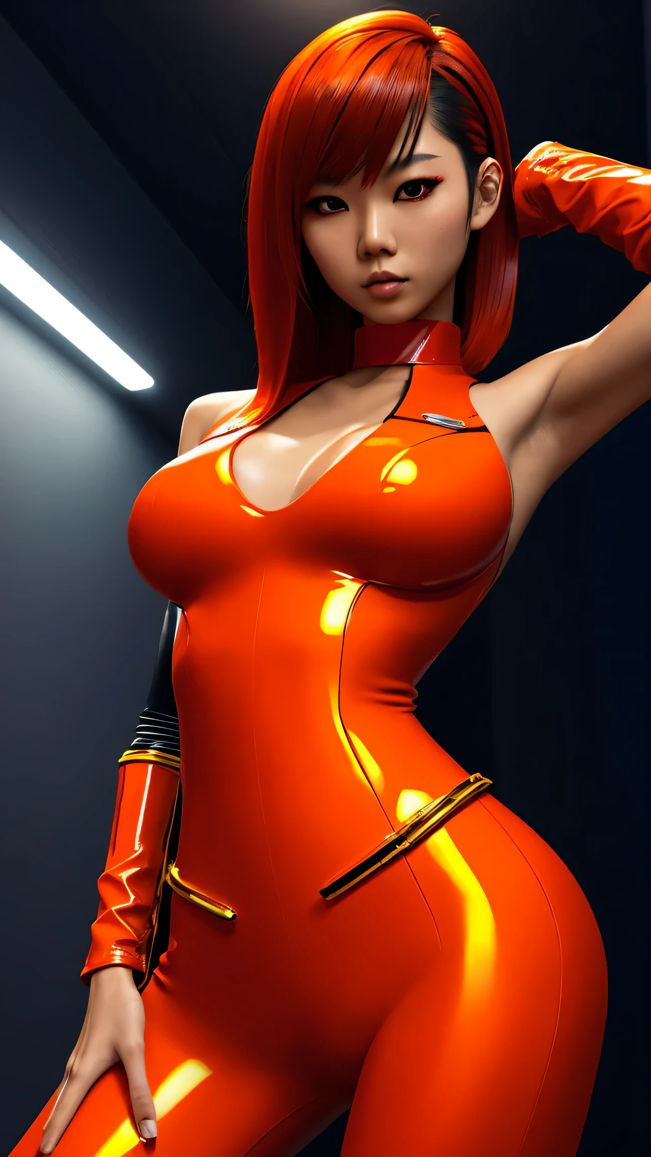 80’s glam rock styling, shiny skin, asian teen, anime, 2.5D, moody lighting, (Red, Yellow, and Orange), red latex, abstract ai model, pretty, sexy, minimal, sleek, slender, asian, elegant, chic, futuristic, retro, huge breasts, cleavage, arms behind back,