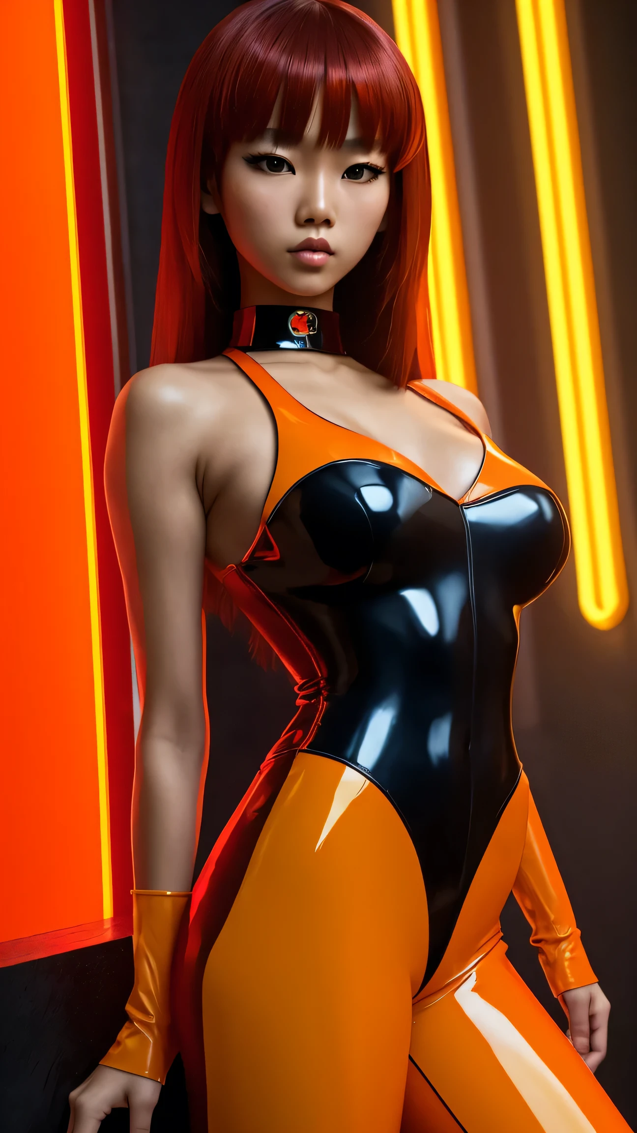 80’s glam rock styling, shiny skin, asian teen, anime, 2.5D, moody lighting, (Red, Yellow, and Orange), red latex, abstract ai model, pretty, sexy, minimal, sleek, slender, asian, elegant, chic, futuristic, retro, huge breasts, cleavage, arms behind back, 
