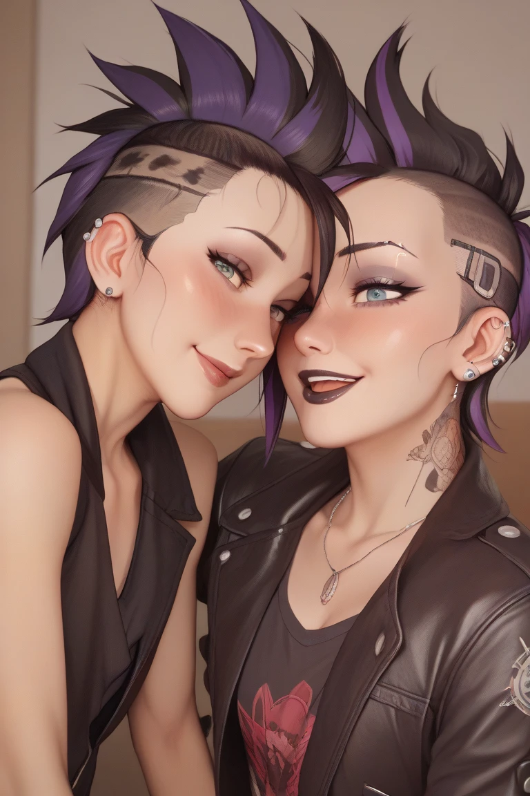 A couple posing for a picture, they are wearing (((punk style))) clothing, apocalyptic setting, Anatomically Correct, Masterpiece, Blush, Smile, Open Mouth, Closed Mouth, 